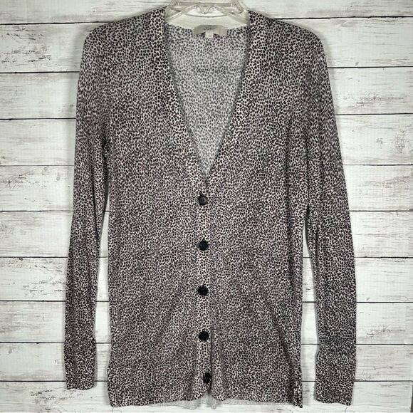 Ann Taylor Loft Long Cardigan Sweater Size L Lightweight Cheetah Animal - Picture 2 of 9